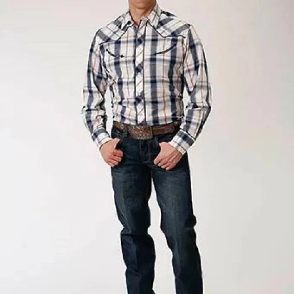 Roper Men's White & Navy Plaid w/ Star Embroidery Snap Up Western Shirt