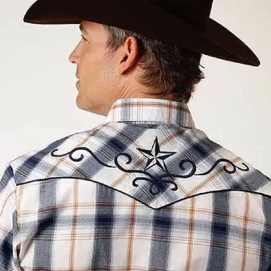 Roper Men's White & Navy Plaid w/ Star Embroidery Snap Up Western Shirt