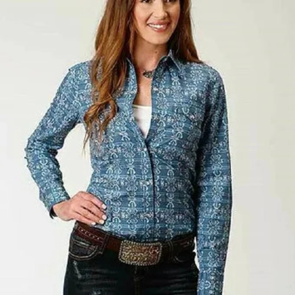 Roper Women's Slate Blue Gray Retro Aztec Snap Up Western Shirt – Tack ...