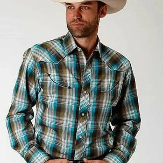 Roper Men's Turquoise & Brown Plaid Snap Up Western Shirt w/ Aztec Embroidery