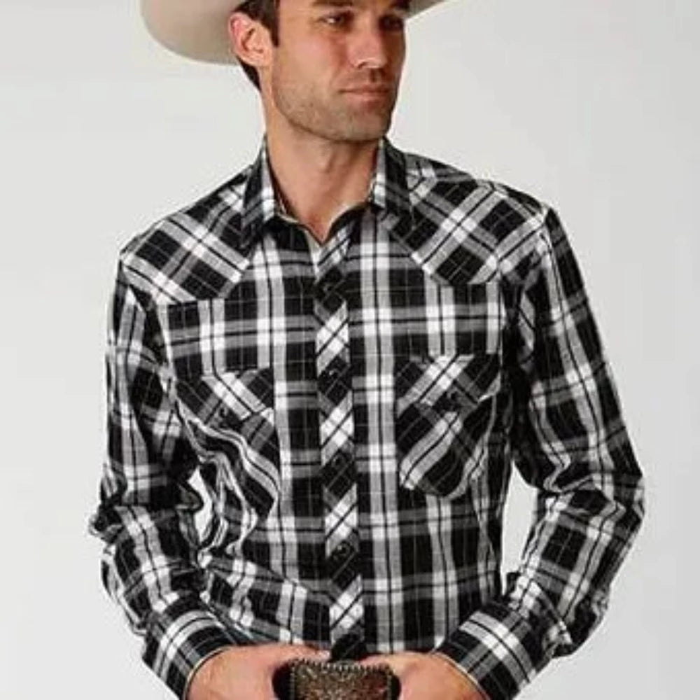 Roper Men's Adult Black White Plaid Snap Up Long Sleeve Western Shirt