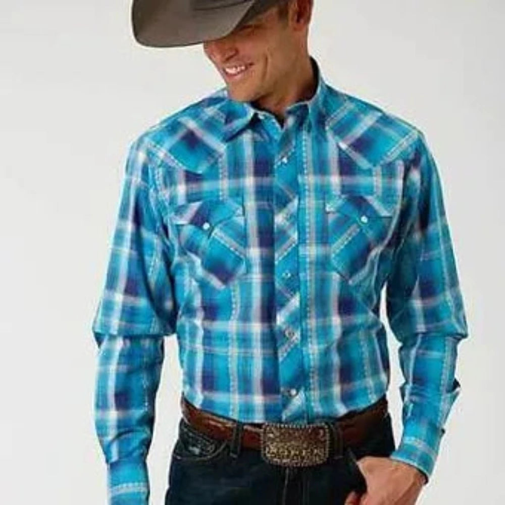 Roper Men Blue Spruce Plaid Long Sleeve Button up Western Shirt