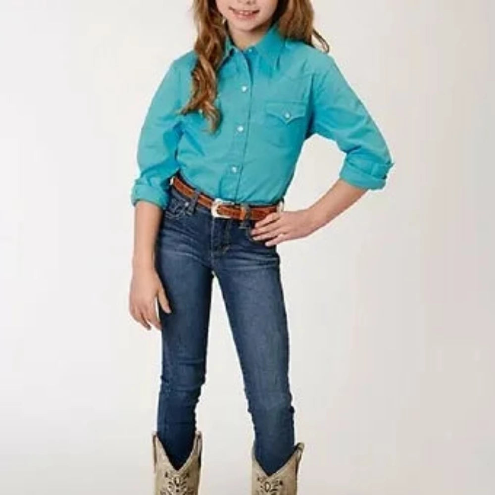 Roper Youth Girl's Solid Turquoise Stretch Poplin Snap Up Western Shirt