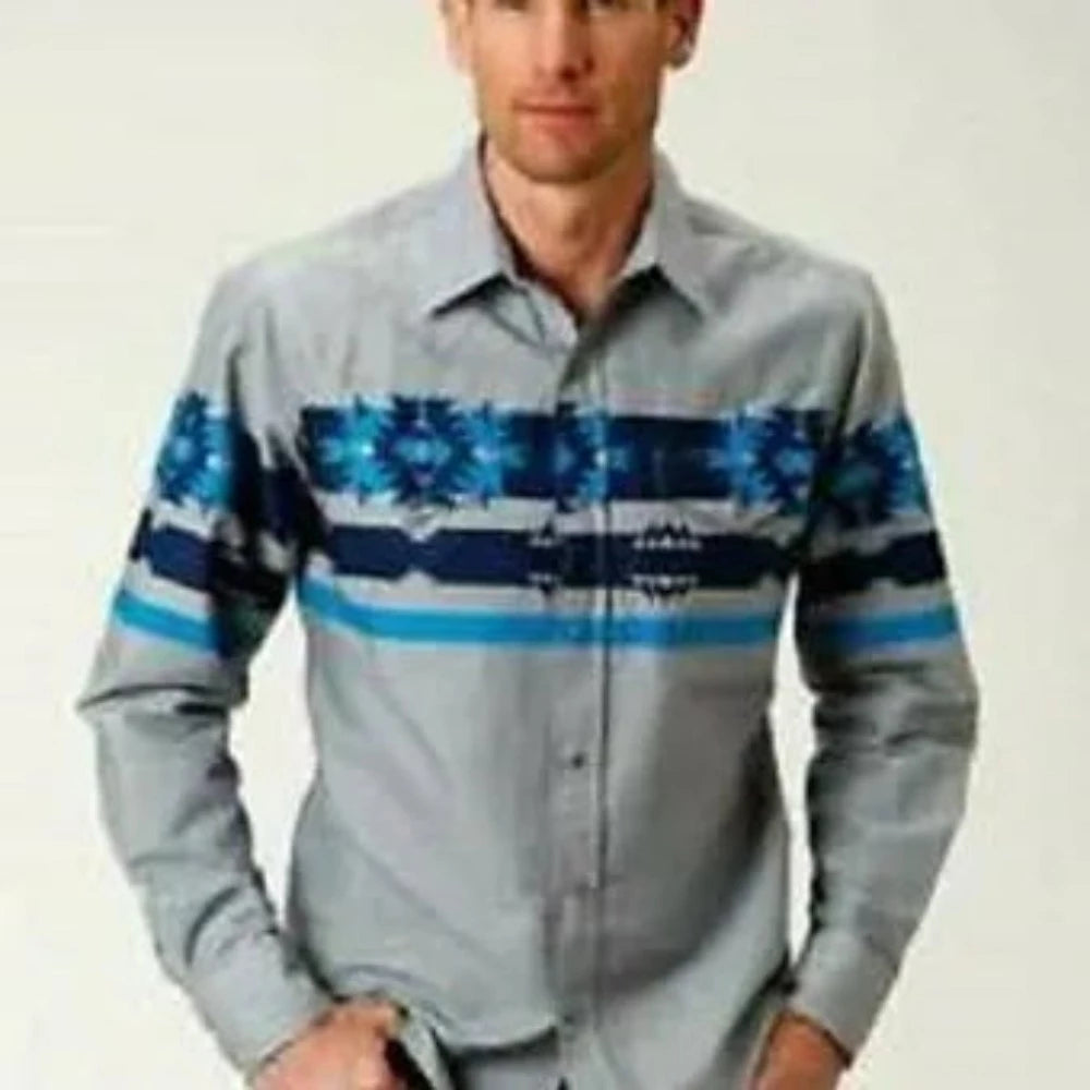 Men's Roper Gray Blue Aztec Border Print Western Shirt