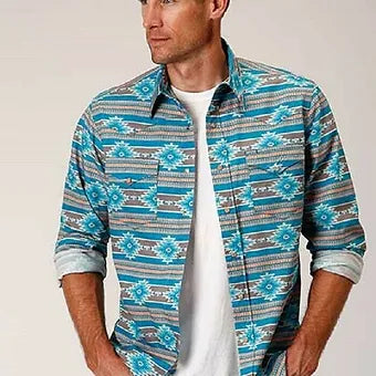 Roper Men's Turquoise Orange Santa Fe Aztec Print Western Shirt