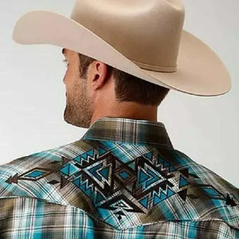 Roper Men's Turquoise & Brown Plaid Snap Up Western Shirt w/ Aztec Embroidery