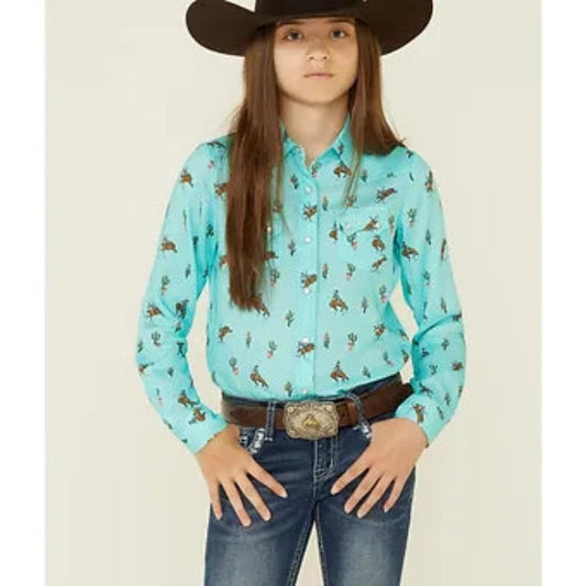 Youth girl's Turquoise Cowboy Cactus Print Western Shirt