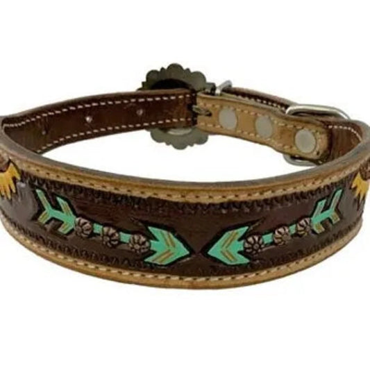 Showman Hand Painted Sunflower And Arrow Leather Dog Collar