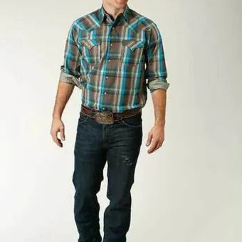 Men's Roper Brown Teal Plaid Western Shirt