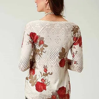 Roper Women's Tan/Red/Cream Floral Print Jersey Sweater