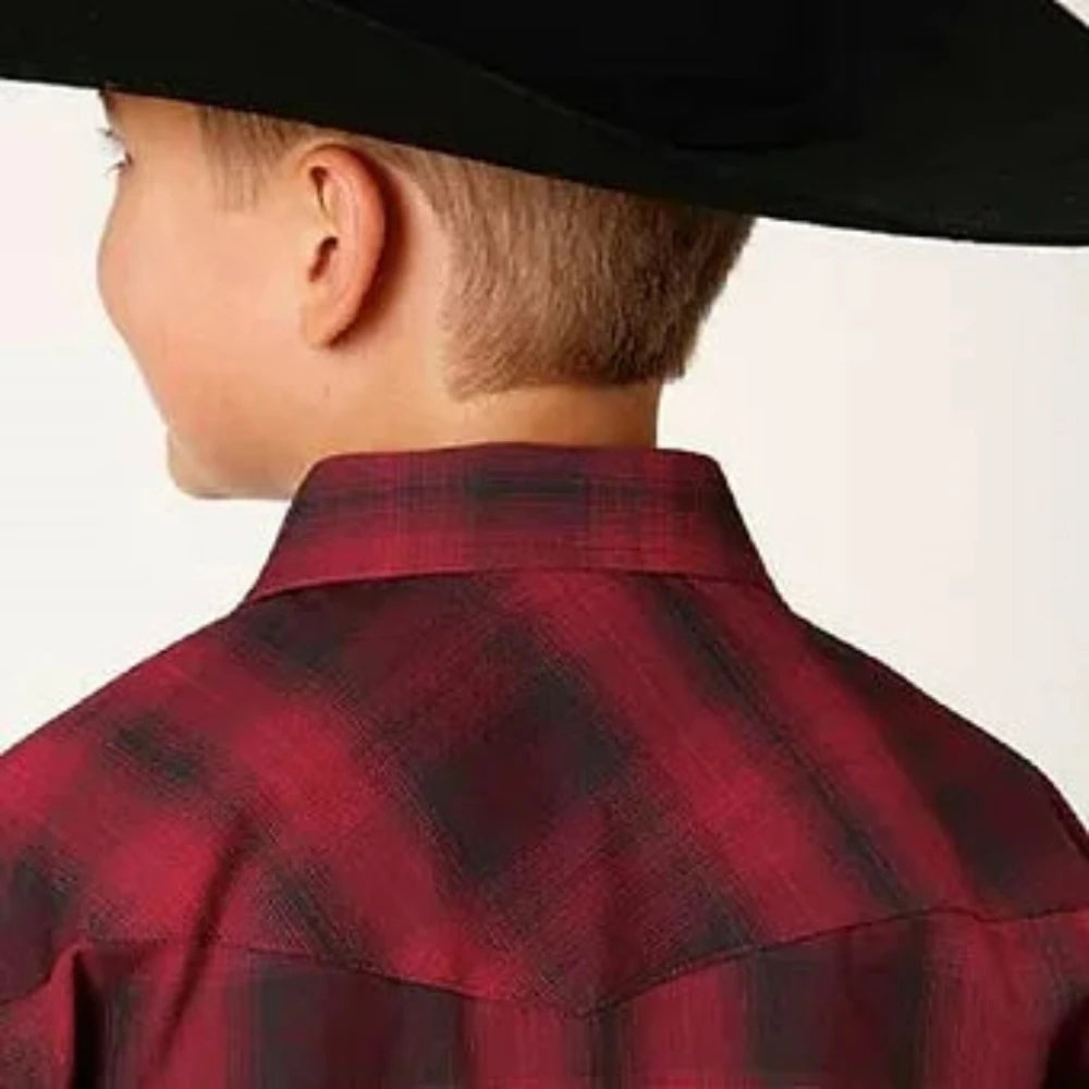 Roper Youth Boy's Red & Charcoal Black Ombre Plaid Western Shirt