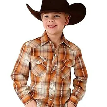 Roper Youth Boy's Rust Orange & Cream Plaid Snap Up Western Shirt