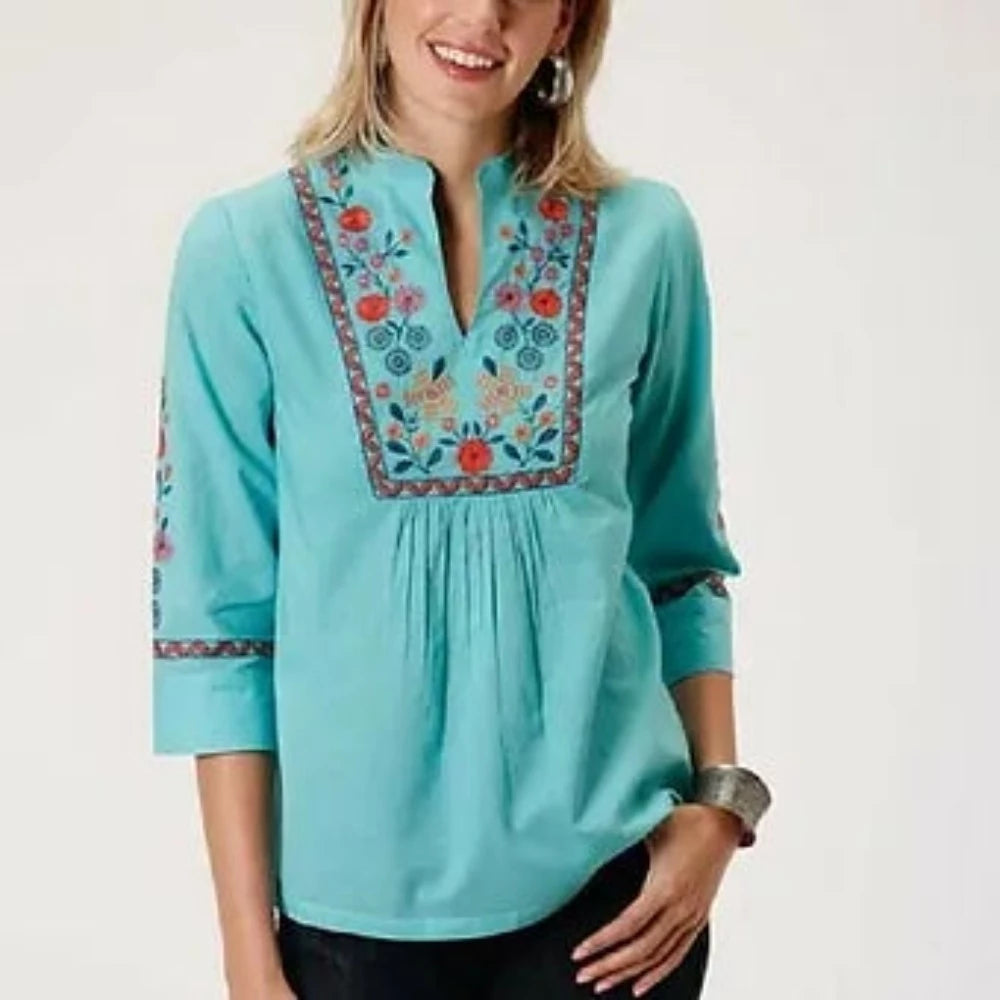 Roper Women's Turquoise Embroidered Flower Peasant Blouse Shirt