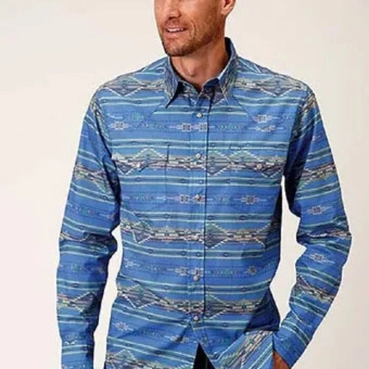 Men's Roper Blue Tan Aztec Print Western Shirt