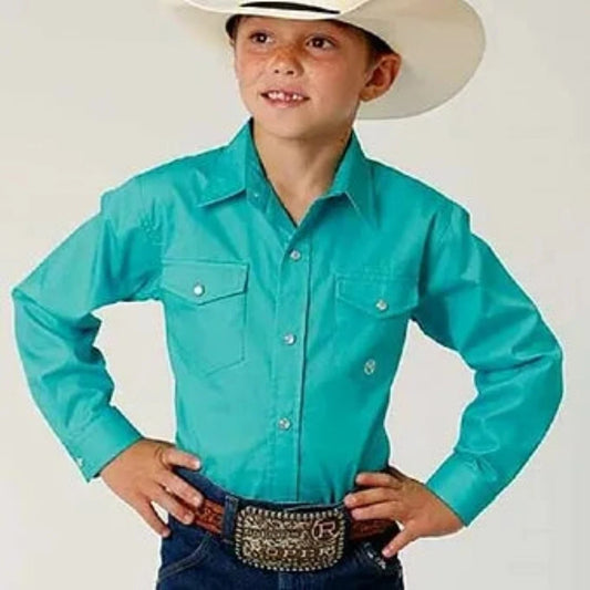 Boy's Roper Aqua Turquoise Solid Poplin Western Shirt