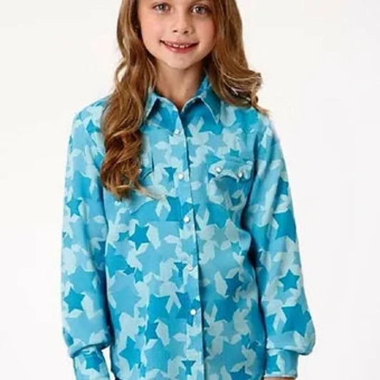 Roper Girl's Light Blue Star Print Western Shirt Blouse