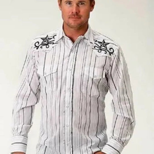 Roper Men's White Gray Stripe Star Embroidery Snap Up Western Shirt