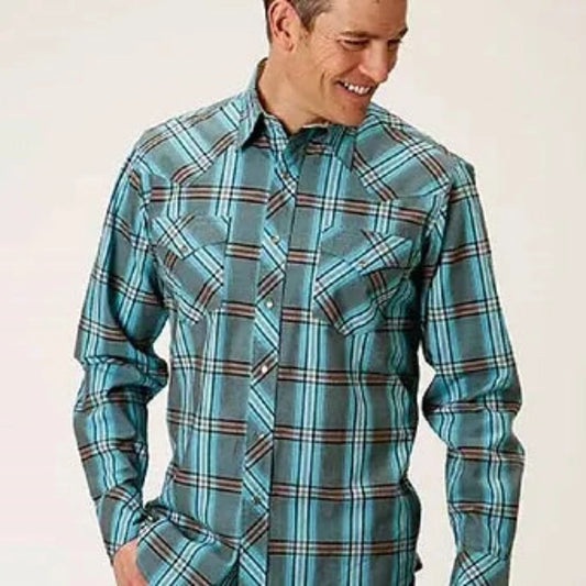 Roper Men's Turquoise Plaid Dobby Long Sleeve Snap Up Western Shirt