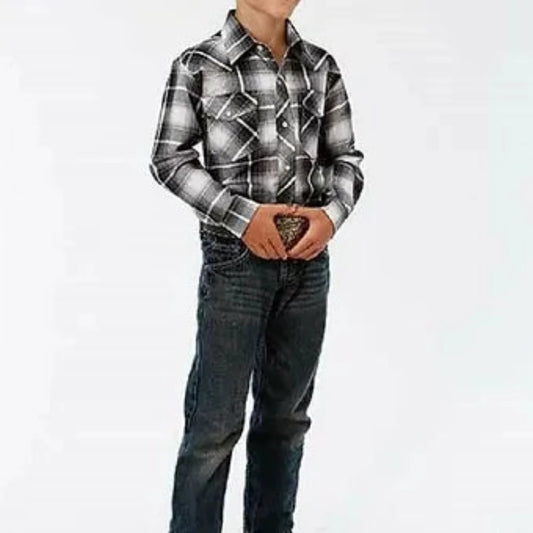 Roper Youth Boy's Black Gray White Plaid Snap Up Western Shirt