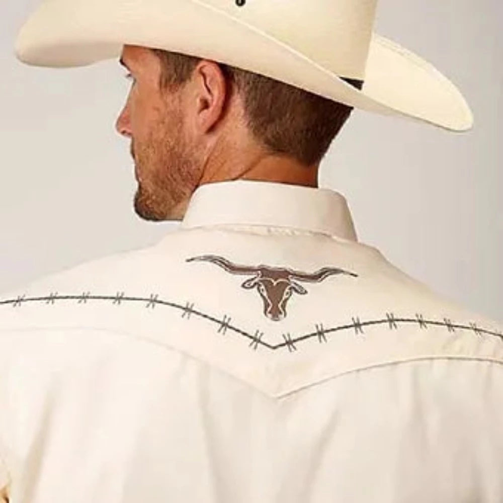 Roper Men's Cream Long Horn Steer Barbed Wire Western Shirt