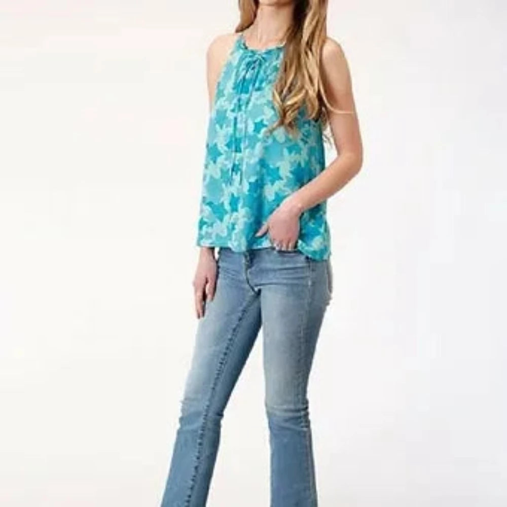 Roper Women's Light Blue Star Print Sleeveless Shirt Blouse