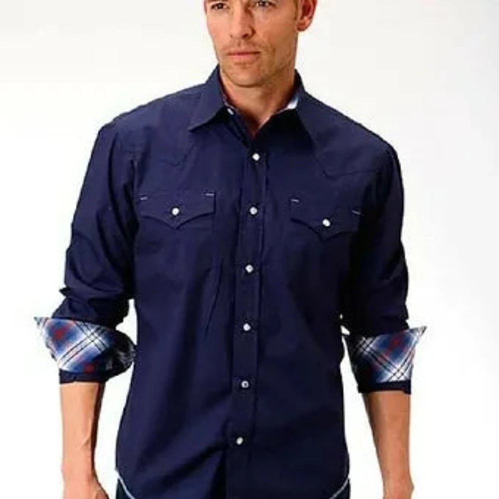 Roper Men's Solid Navy Blue Poplin Pearl Snap Up Western Shirt