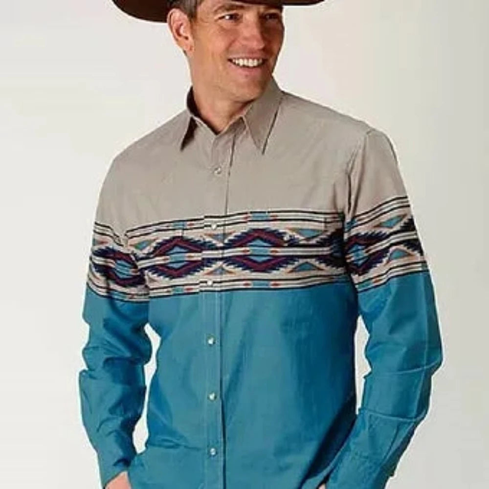 Roper Men's Tan Turquoise Aztec Border Snap Up Western Shirt