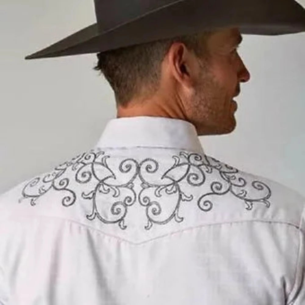 Roper Mens White Tone on Tone Dobby Western Shirt w/ Embroidery