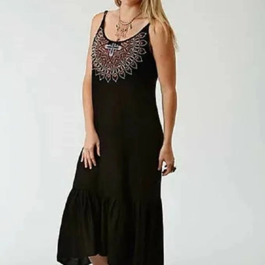 Roper Women's Black Embroidered Challis Spaghetti Strap Sun Dress