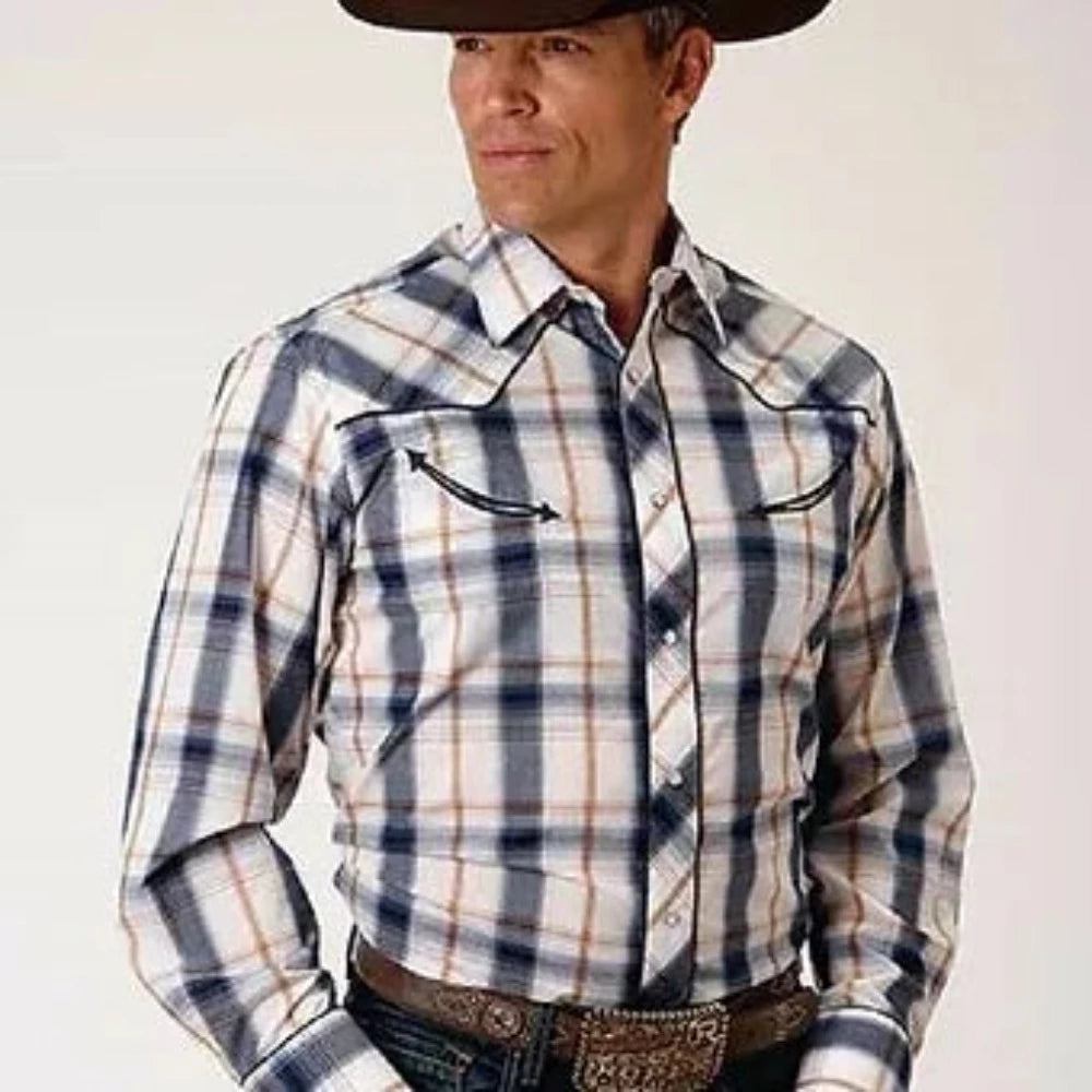 Roper Men's White & Navy Plaid w/ Star Embroidery Snap Up Western Shirt