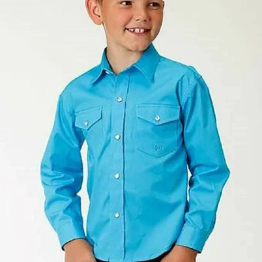 Youth Boy's Roper Solid Turquoise Poplin Western Shirt