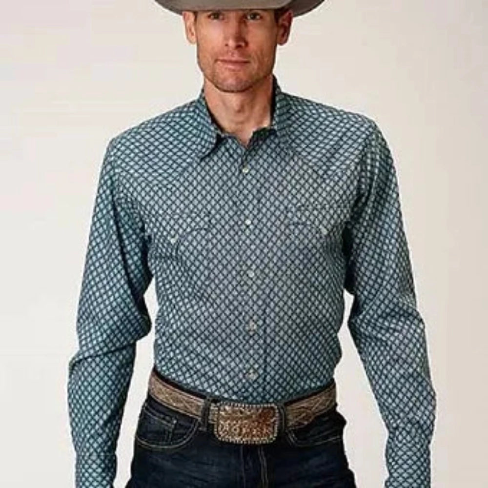 Roper Men's Long-Sleeve Teal & Gray Aztec Geo Print Western Shirt