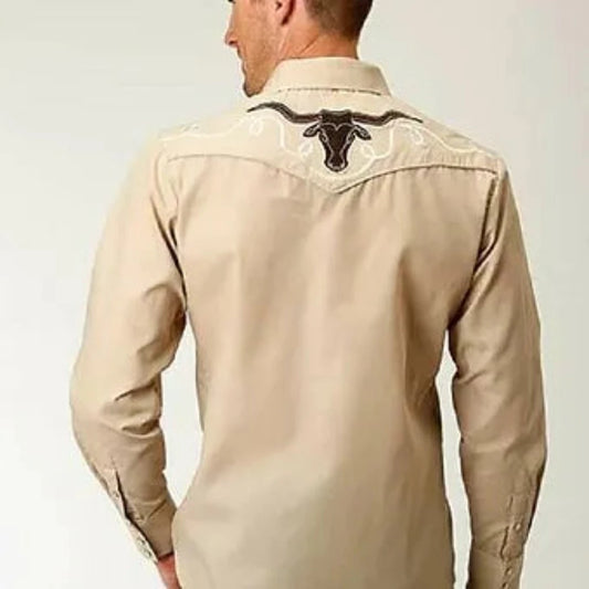 Roper Men's Stone Tan Broadcloth Longhorn Steer Western Shirt