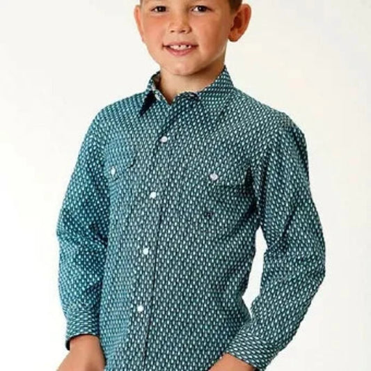 Roper Youth Boy's Turquoise & white Prairie Pattern Snap Up Western Shirt
