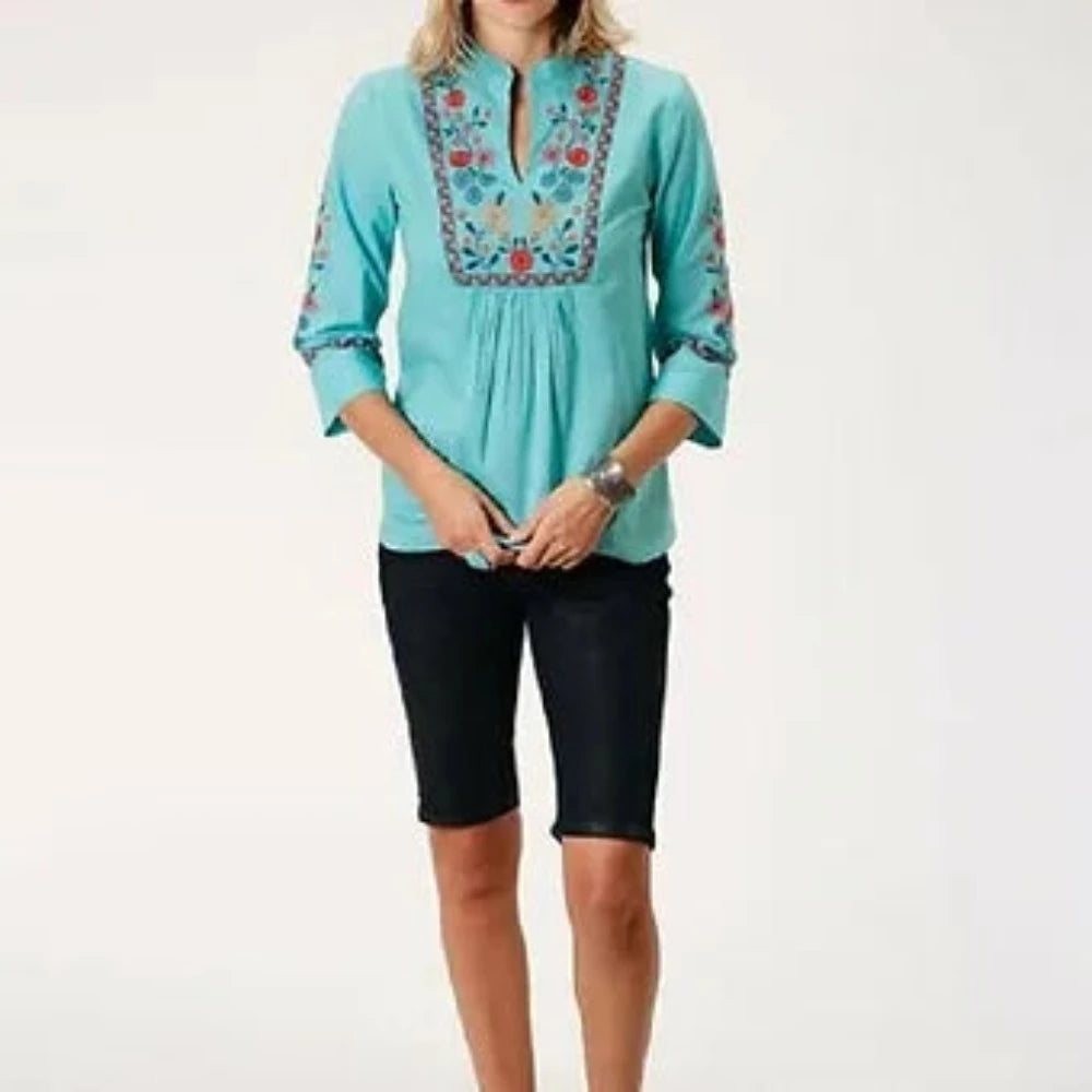 Roper Women's Turquoise Embroidered Flower Peasant Blouse Shirt