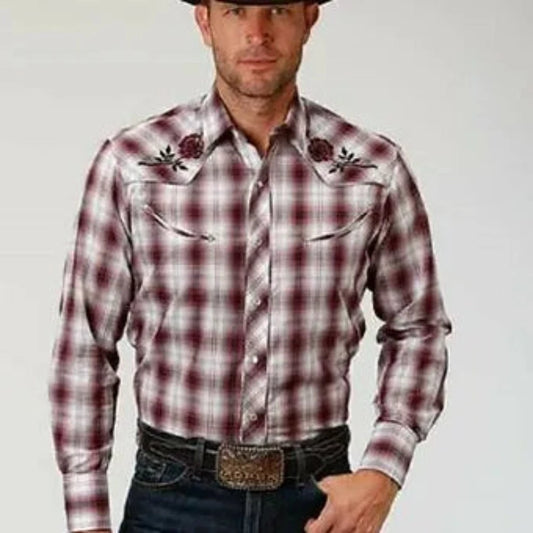 Roper Men's Purple/White/Gray Western Shirt w/ Flower Embroidery