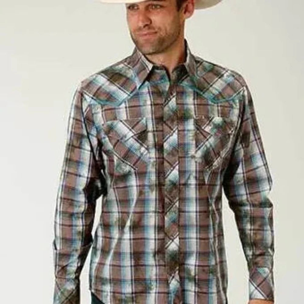 Roper Men's Long Sleeve Plaid Teal & Brown Button Up Western Shirt