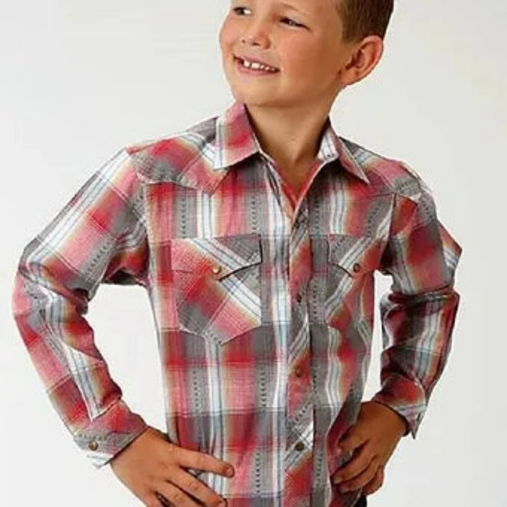 Roper Youth Boy's Red Gray Paint Plaid Snap Up Western Shirt