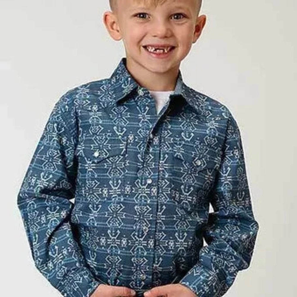Roper Blue Retro Aztec Boys Child Long Sleeve Button Down Western Shirt