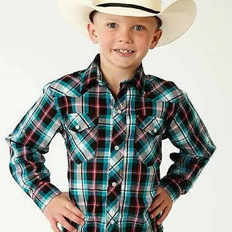 Roper Boy's Long-sleeve Turquoise Plaid Performance Western Shirt