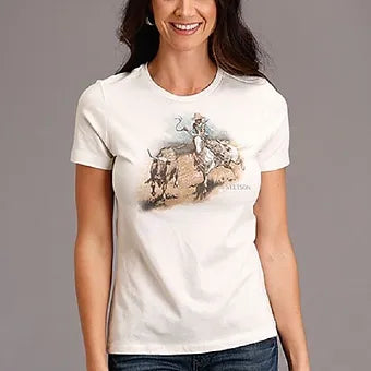 Stetson Women's Cream Cattleman Cowboy Horse Bull Scene Shirt