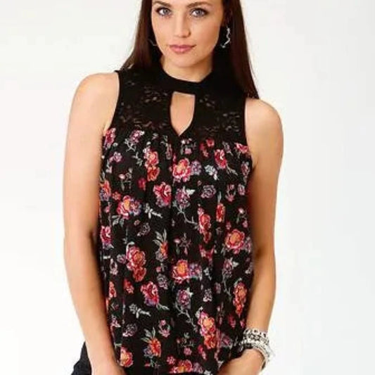 Women's Roper Black Floral Lace Tank Top