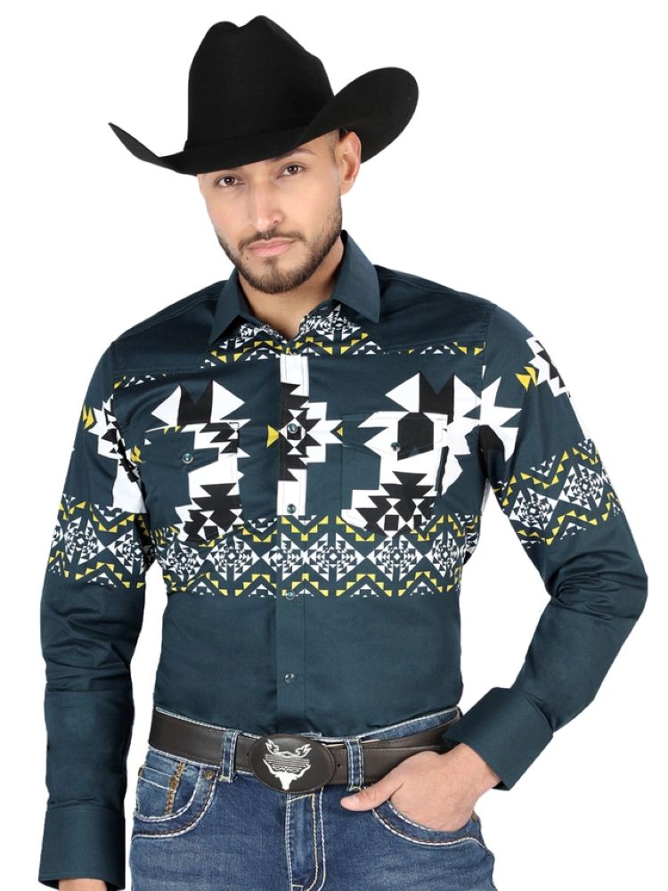 El General - Men's Western Long Sleeve Shirt - Teal Green