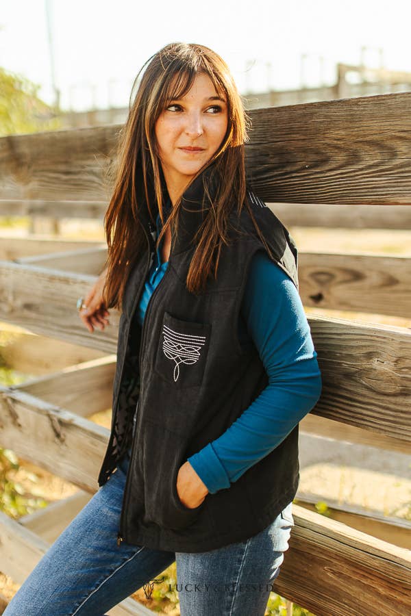 Plus Black Puffer W Aztec Lining Boot Stitch Detail Vest