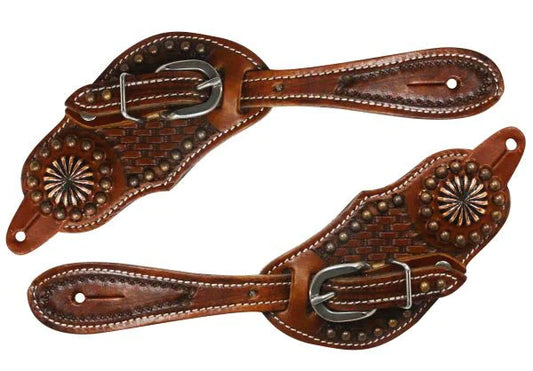 Youth size Basket Weave Tooled Spur Straps w/ copper accents