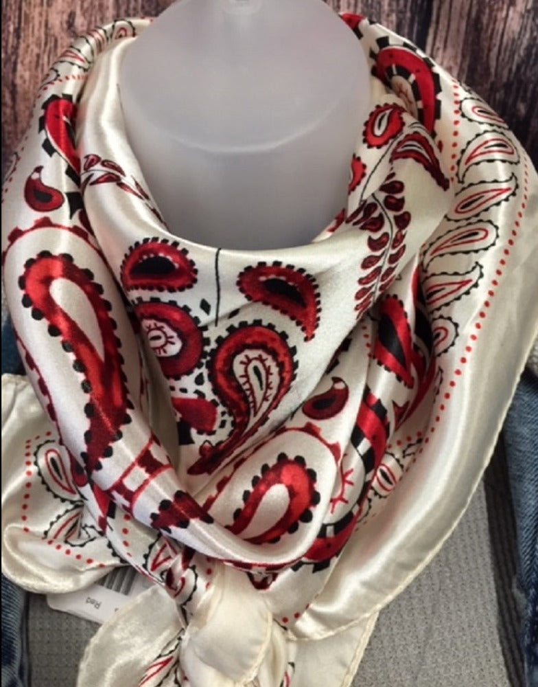 35" x 35" Cream red black Paisley Wild Rag