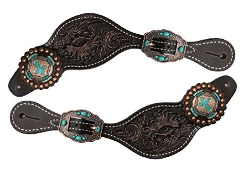 Women's Tooled Chocolate Leather Spur Straps w/ Cross Conchos