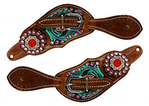 Showman Youth Floral Tooled Spur Straps with metallic paint and pink crys
