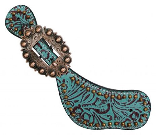 Showman Women's size Teal brown LEATHER SPUR STRAPS w/ Filigree print Studs