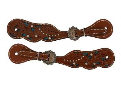 Women's Medium leather FLORAL TOOLING SPUR STRAPS w/ TEAL INLAY Rhinestones